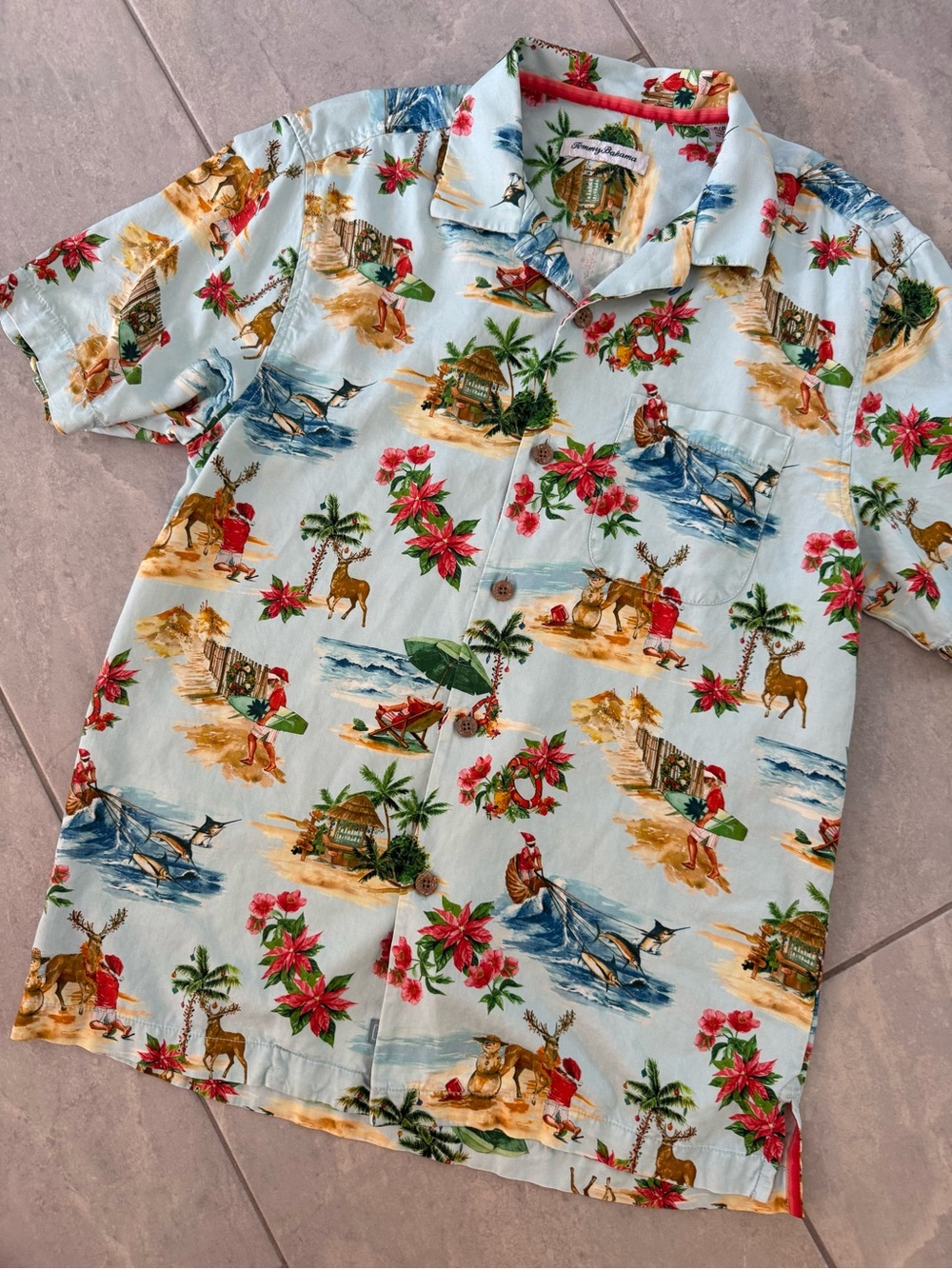 Tommy Bahama Light Blue Tropical Christmas Holiday Silk Button-Down Shirt S